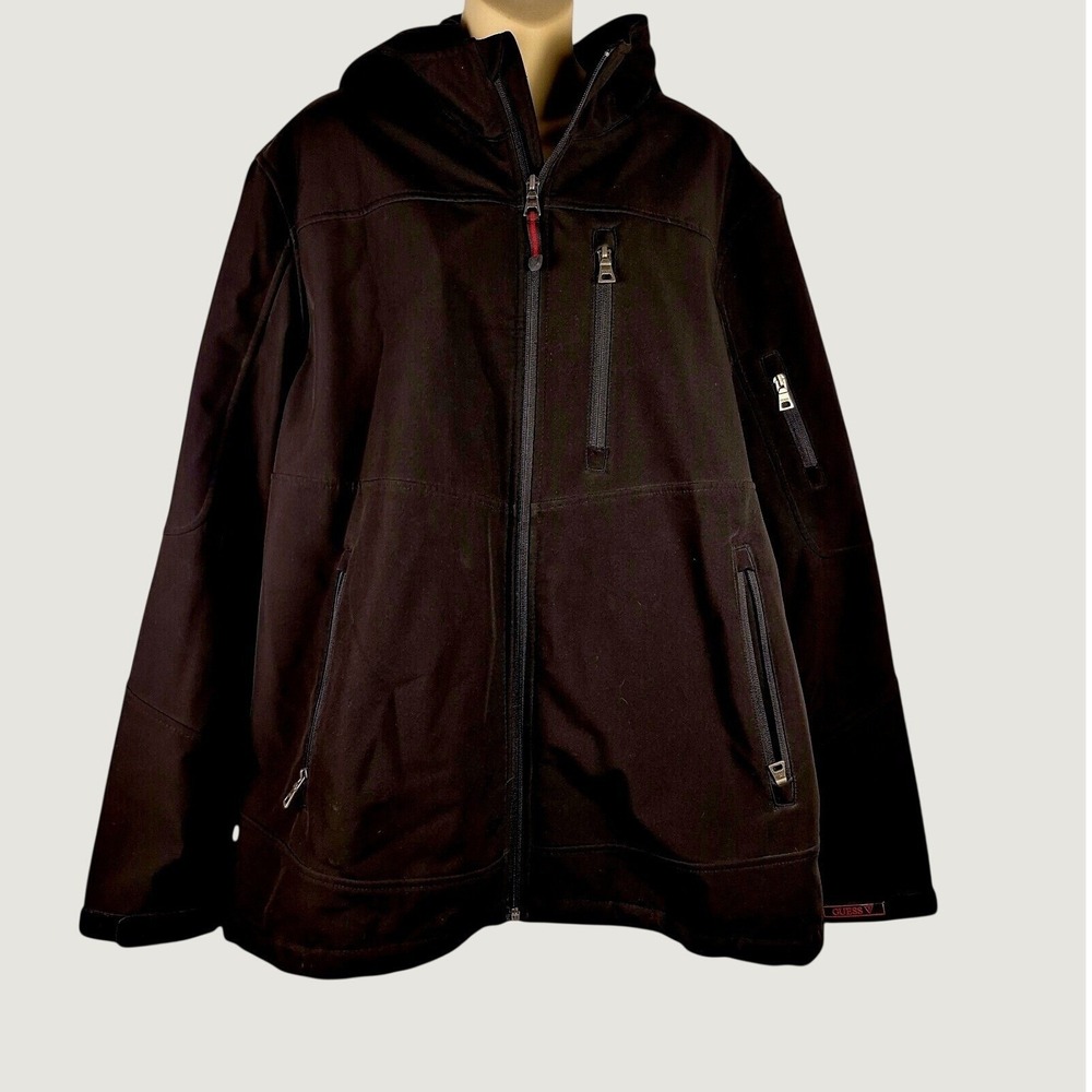 GUESS Men's Softshell Hooded Jacket XXL Black Full Zip Utility Outdoor